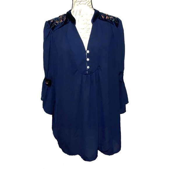 Miss Lili Tops - MISS LILI Embroidered Red Floral Velour  Sheer Blouse Size 1X Navy Blue